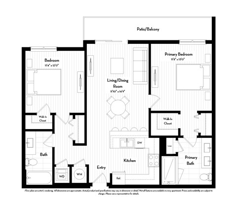 Floor plan for 2 beds, 2 baths, 1019 sqft